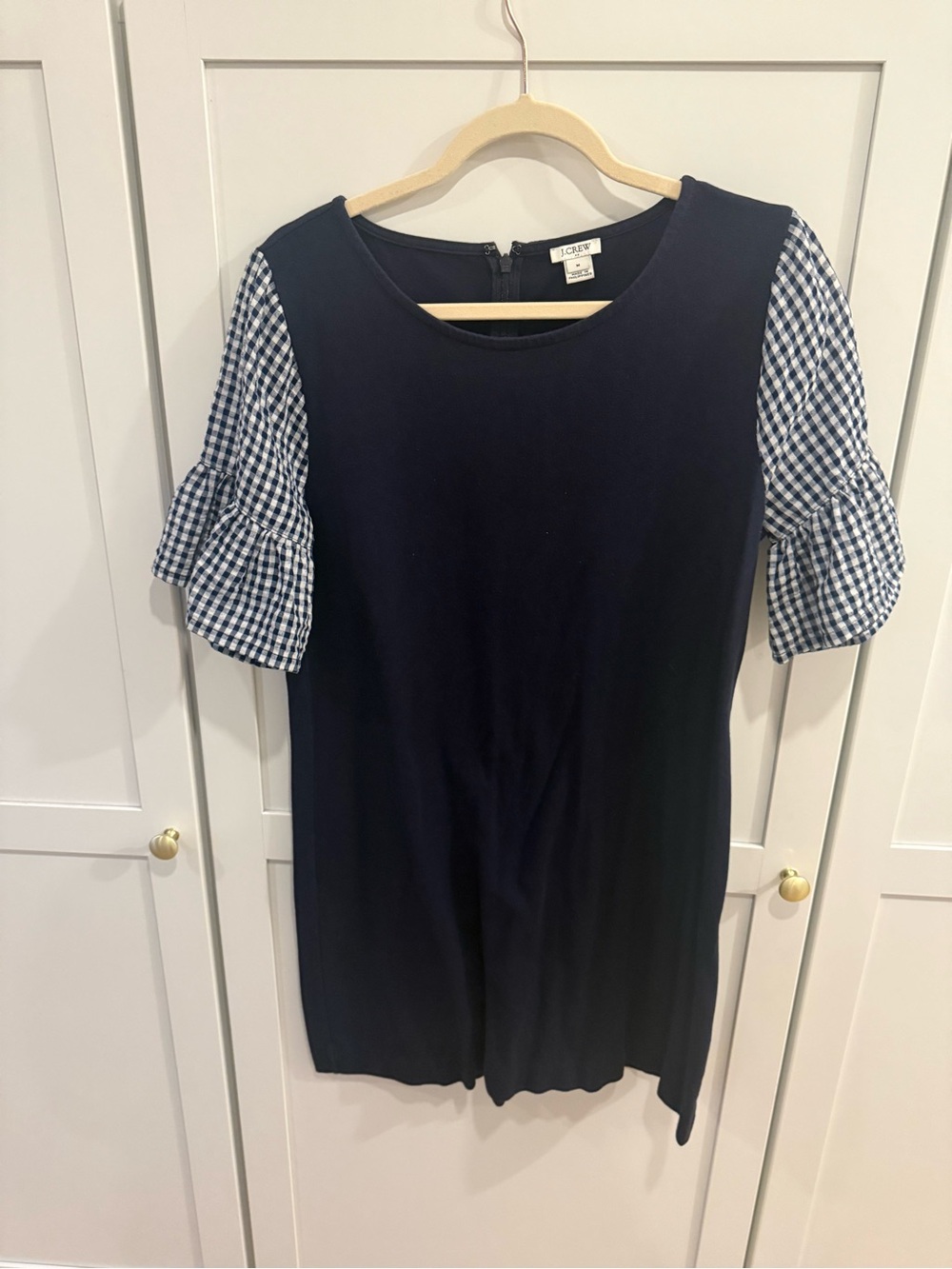 J. Crew Navy Dress with Blue and White Gingham Puff Sleeves